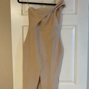 Elegant One Shoulder Tan Dress